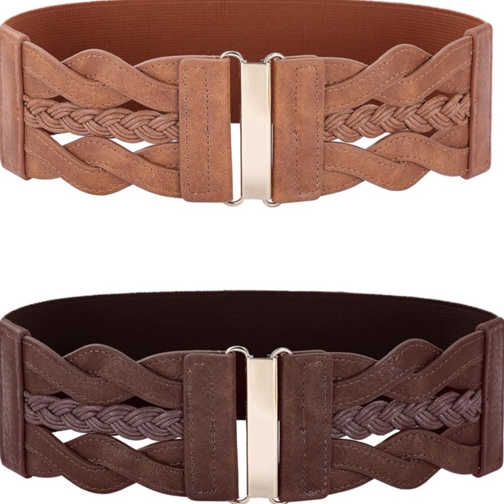 2 Plus Size Braided Elastic Belts Brown and Tan